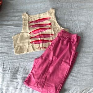 Pink and Cream Fish Print Crop Top and Pants Set